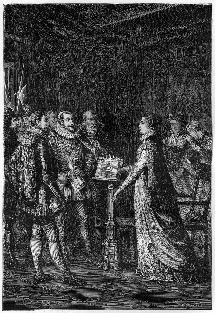 MARY STUARTOVÁ (1542-1587) Skotská královna. Mary Stuartová přísahá, že nikdy neplánovala vzít život anglické královně Alžbětě I. – rytina z „L