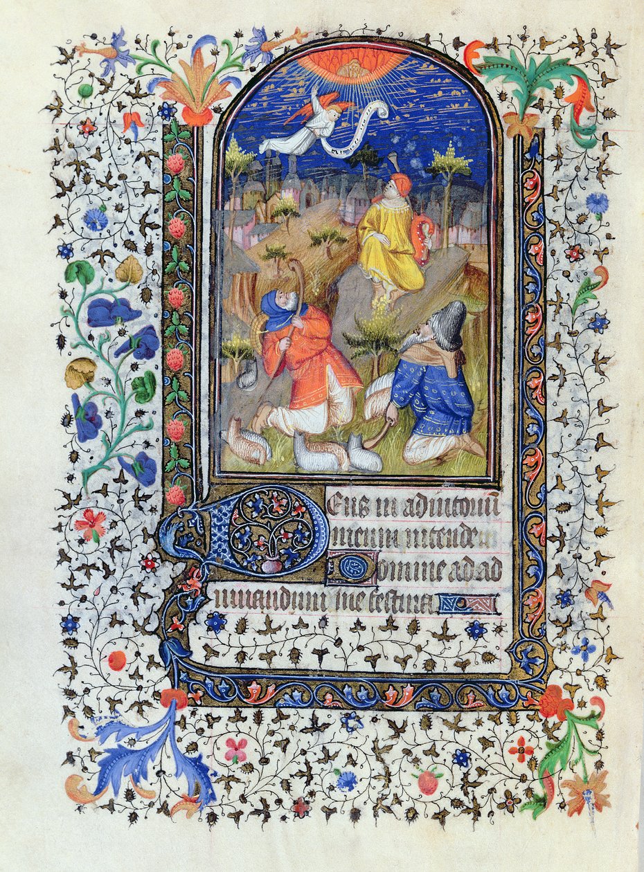 MS 1278 fol.106v Zvěstování pastýřům, z Heures a lusage de Troyes, ateliér Mistra rohanských hodin, cca 1413-20 od French School