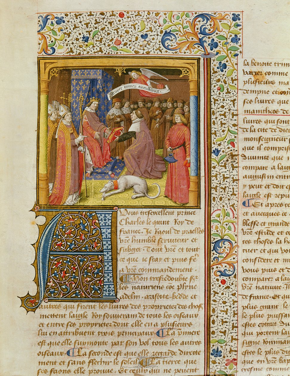 MS 246 f.1r Raoul de Presles představuje svůj překlad Karlu V. (1338-80) z La Cite de Dieu od sv. Augustina, přeložil Raoul de Presles (1316-82) c.1400-50 od French School