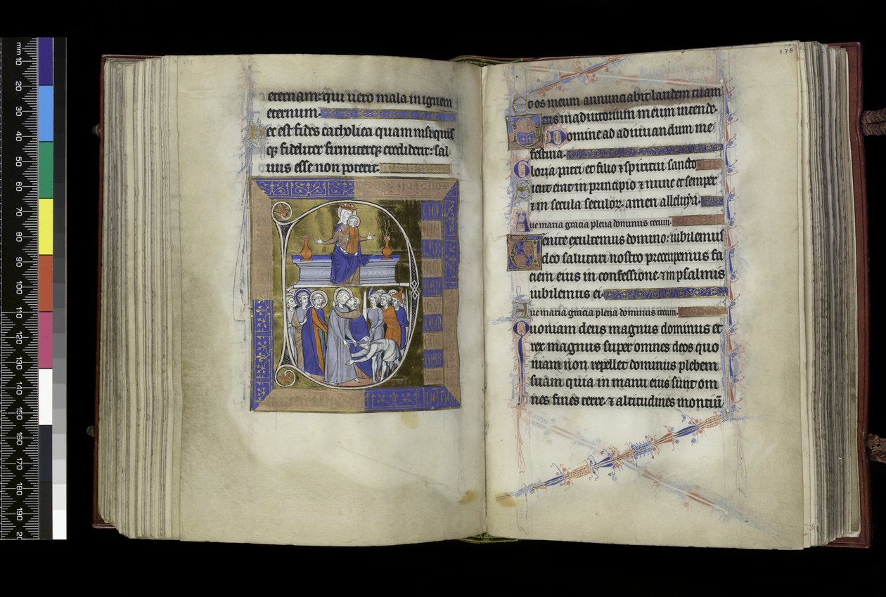 MS 300 f.177v-178r, Matiny, Panna a Dítě sedící mezi dvěma vázami na lavici (nahoře); Zrada Krista, s Jidášem líbajícím Krista a svatým Petrem uříznutým Malchovi ucho (dole), ze Žaltáře a hodin Isabely Francouzské, Paříž, kolem 1265-70 (pero a od French School