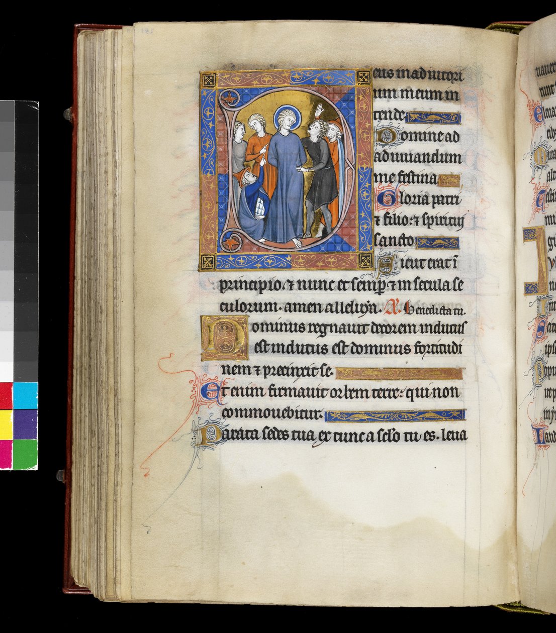 MS 300 f.191v, Posmívat se Kristu s Ježíšem, obklopený trýznitely, včetně dvou mužů v židovských čapkách, ze Žaltáře a hodin Isabely Francouzské, Paříž, kolem 1265-70 (pero & inkoust a tempera na pergamenu) od French School