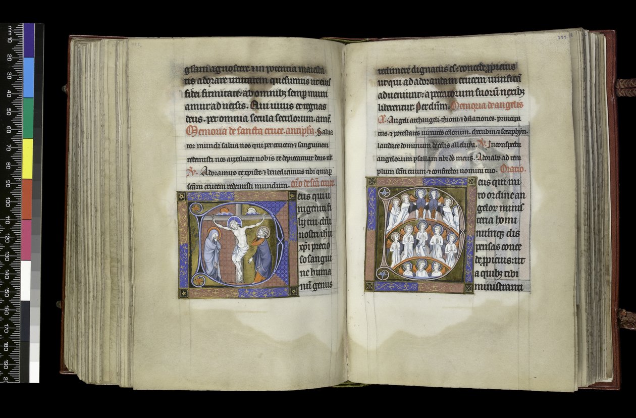 MS 300 f.198v-199r, Volební právo ke kříži a Volební právo andělům, z žaltáře a hodin Isabely Francouzské, Paříž, kolem 1265-70 (pero a tuš a tempera na pergamenu) od French School
