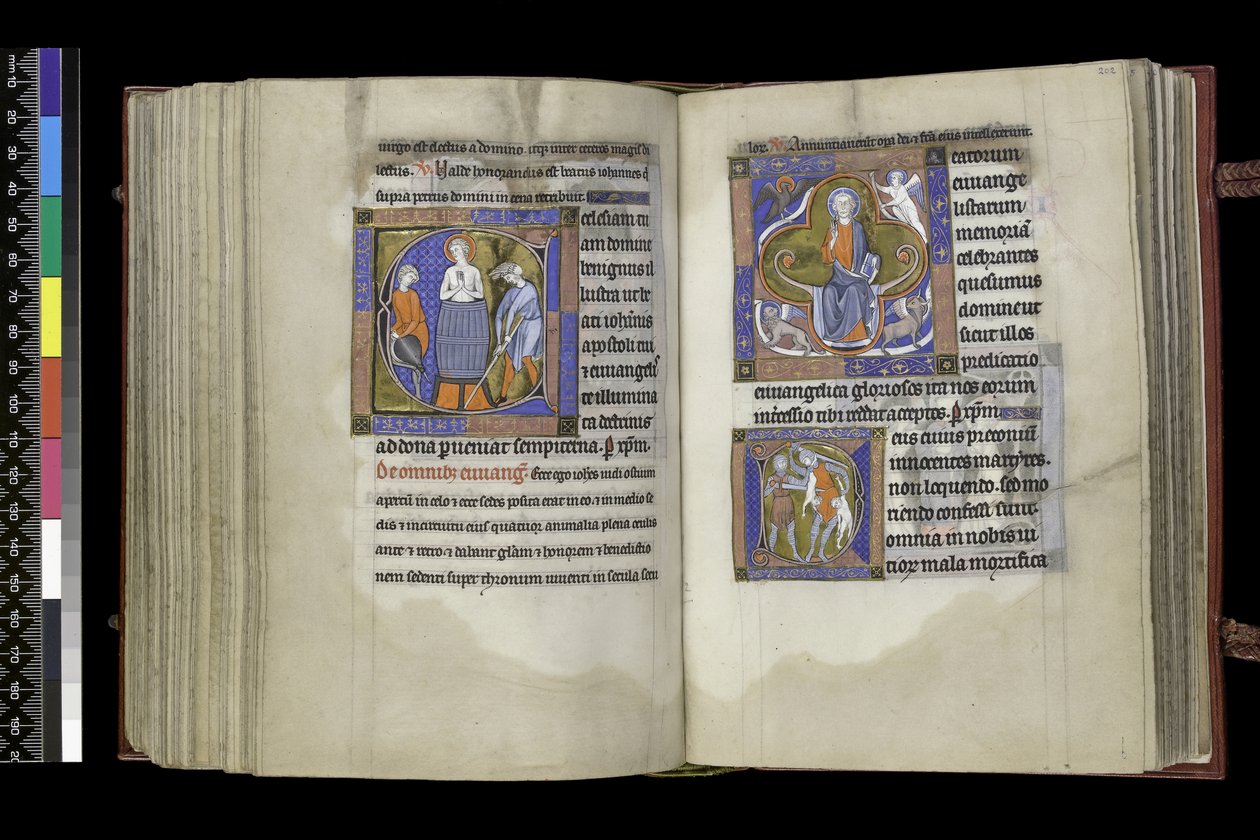 MS 300 f.201v-202r, Volební právo pro svatého Jana a Volební právo pro svaté neviňátka, z žaltáře a hodin Isabely Francouzské, Paříž, c.1265-70 od French School