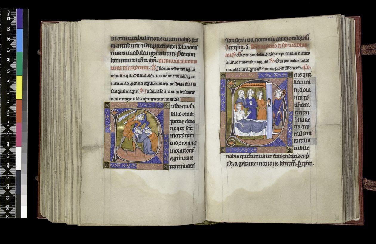 MS 300 f203v-204r, Volební právo mučedníkům a Volební právo sv. Mikuláši, folio z žaltáře a hodin Isabely Francouzské, Paříž, c.1265-70 od French School