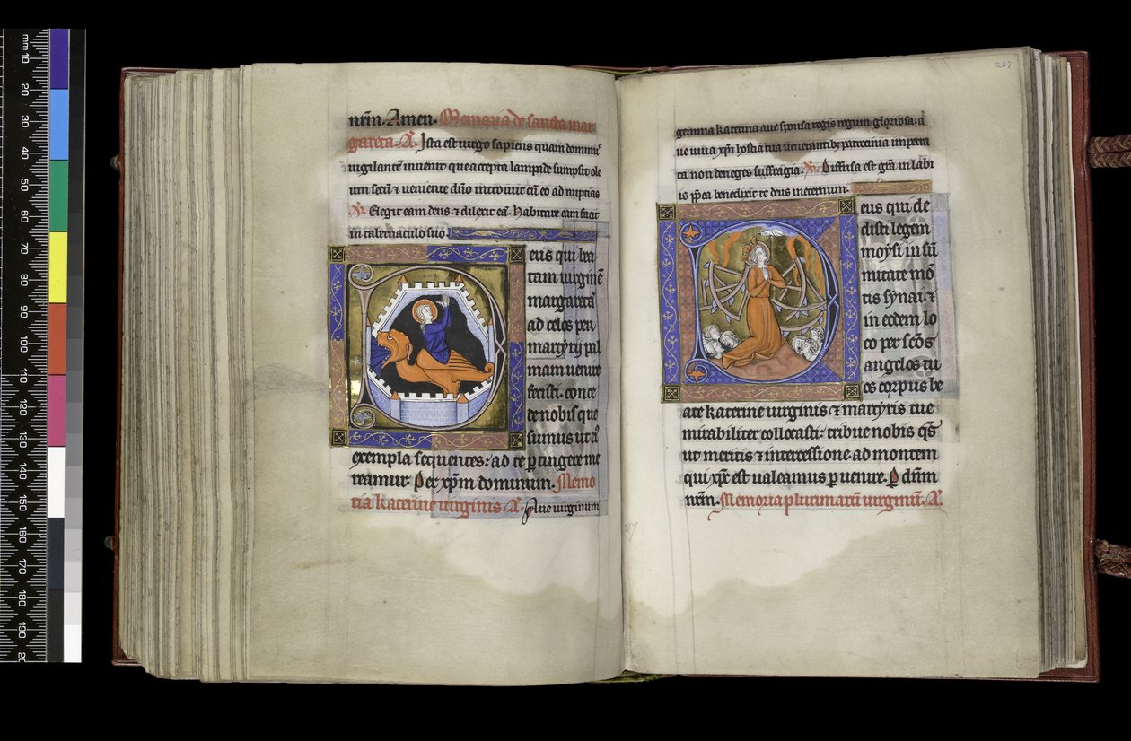 MS 300 f.206v-207r, Volební právo svaté Markétě a Volební právo svaté Kateřině, ze Žaltáře a hodin Isabely Francouzské, Paříž, c.1265-70 (pero & inkoust a tempera na pergamenu) od French School