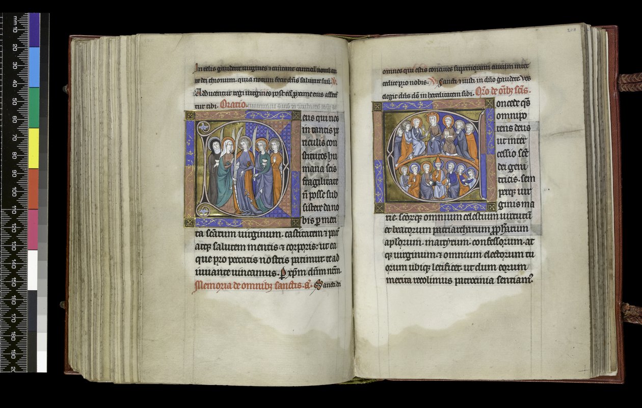 MS 300 f.207v-208r, Volební právo pannám a Volební právo Všem svatým, z žaltáře a hodin Isabely Francouzské, Paříž, cca 1265-70 (pero a inkoust a tempera na pergamenu) od French School