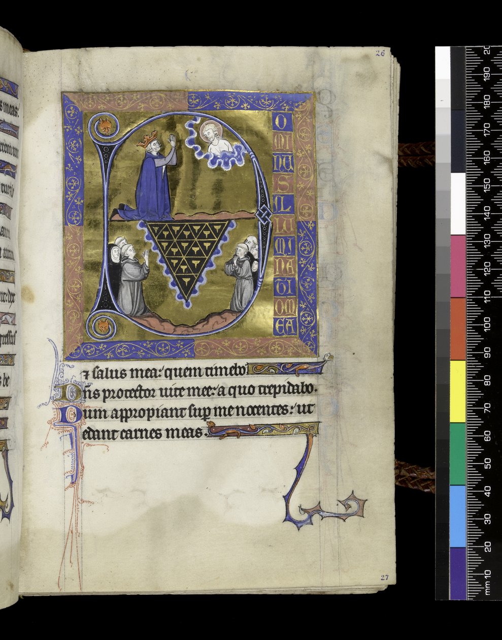 MS 300 f.26r, David se modlí k Bohu, folio ze Žaltáře a hodin Isabely Francouzské, Paříž, cca 1265-70 (pero a tuš a tempera na pergamenu) od French School