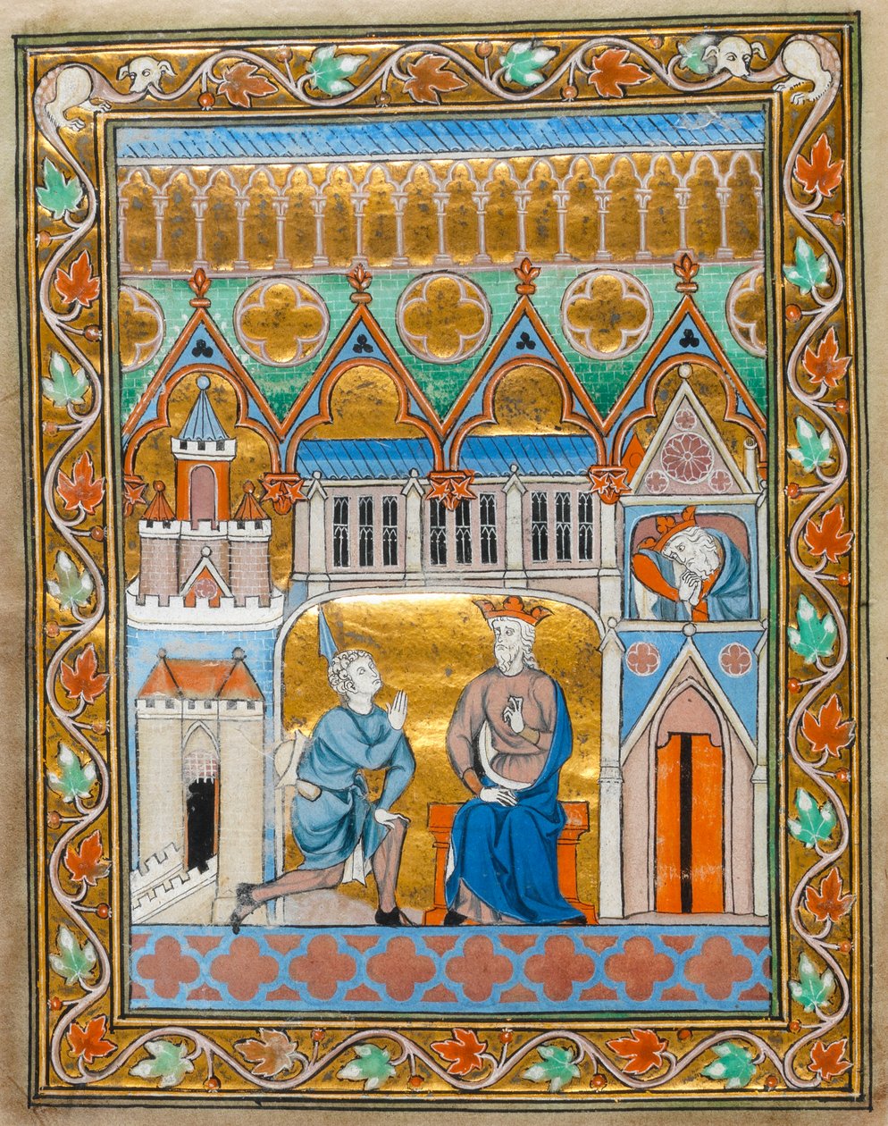 MS 300 fol. VIIi Král David dostává zprávu o Absalomově smrti z hodin žaltářů Isabely Francouzské, kolem roku 1255 od French School