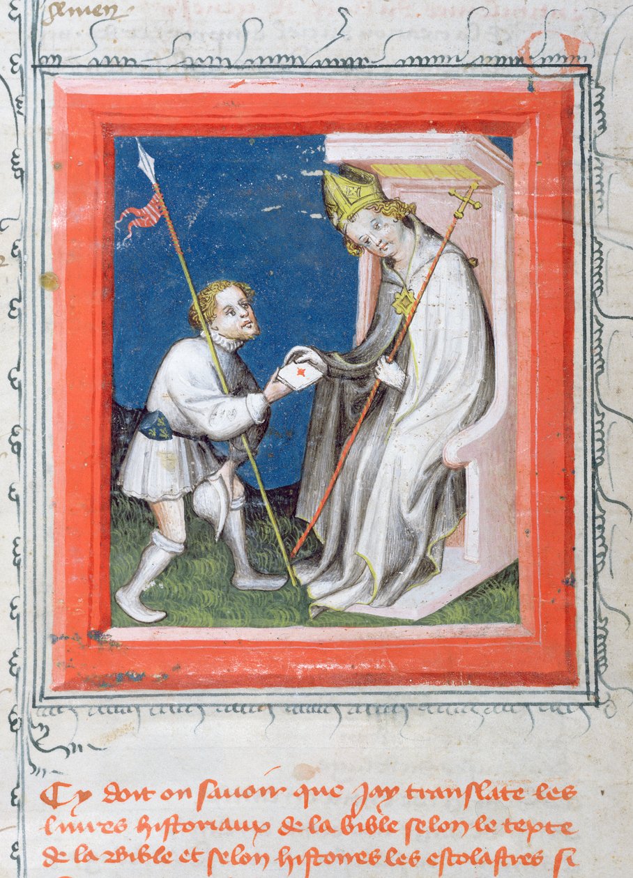MS 313 Messenger dává dopis od francouzského krále biskupovi, miniatura z Bible de Guiart des Moulins od French School