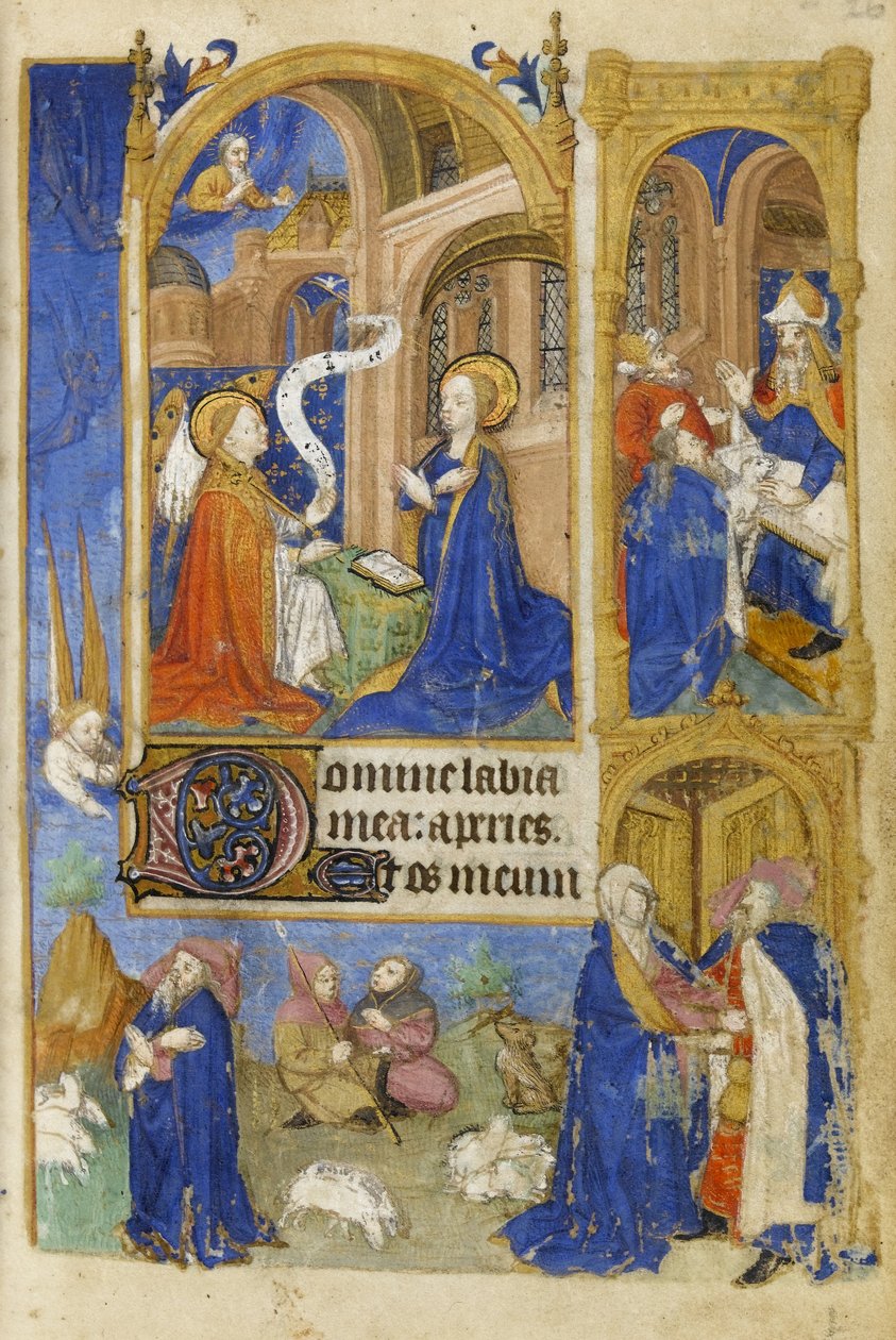 MS 39-1950 f.26r The Annunciation and Annunciation to the Shepherds, 1464 (zlatý, stříbrný a barevný inkoust na pergamenu) od French School