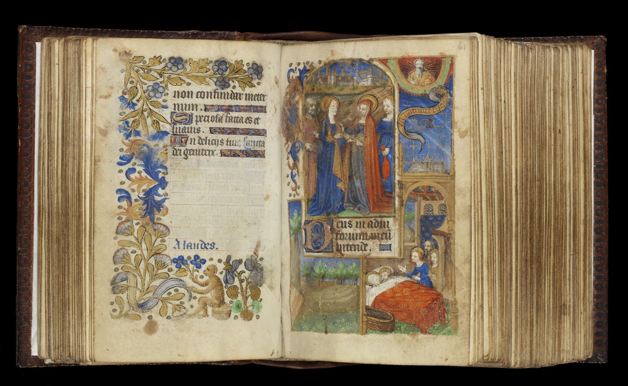 MS 39-1950 f.60v-61r The Visitation (zlatý, stříbrný a barevný inkoust na pergamenu) od French School