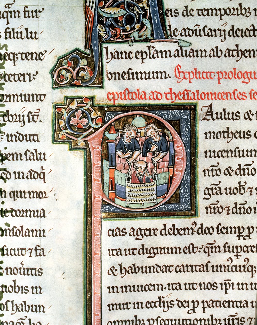 MS 3 Fol. 291v Útěk svatého Pavla z Damašku, iluminované počáteční písmeno P, 13. století, z Bible Avranches od French School