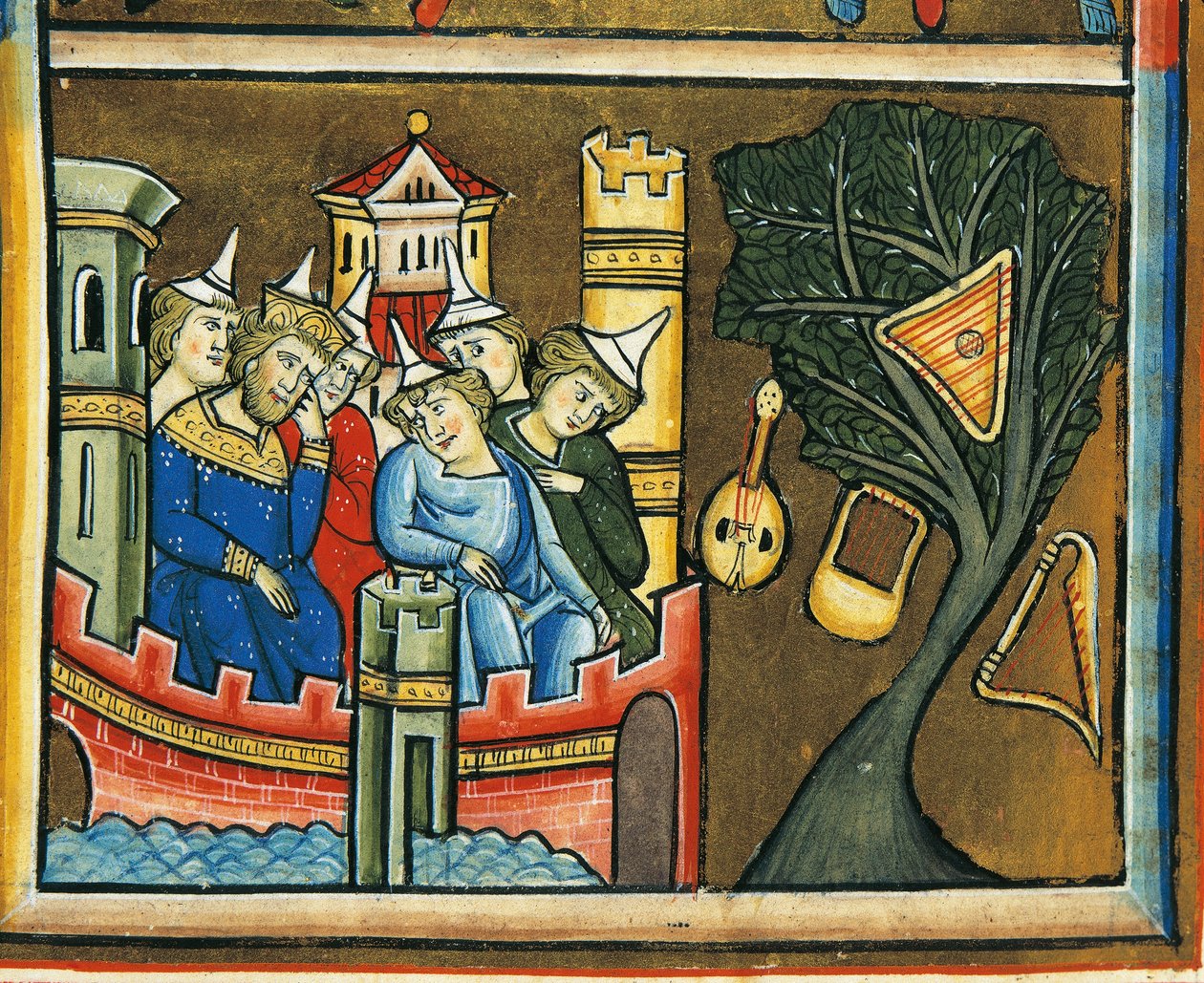 MS CXXXVII fol. 139v, Truchlící Židé v Babylonu, z žaltáře svaté Alžběty (tempera a plátek zlata na pergamenu) od French School