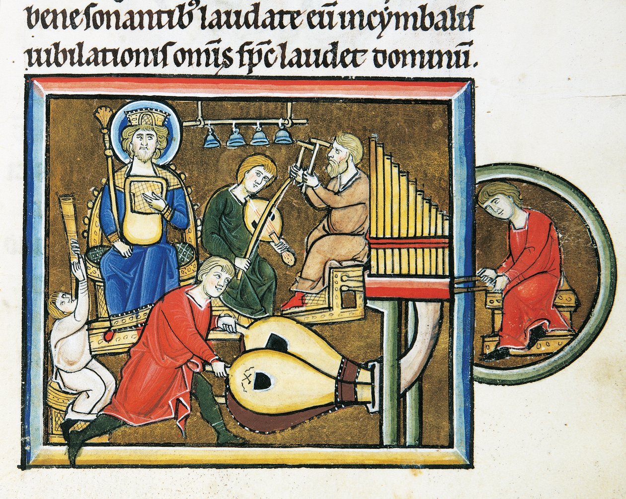 MS CXXXVII fol. 149r, král David držící žaltář a hrající hudebníci, ze žaltáře svaté Alžběty (tempera a plátek zlata na pergamenu) od French School