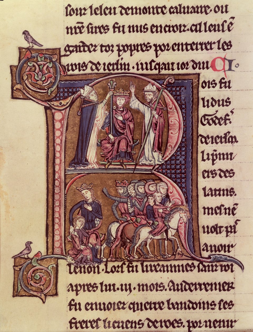 MS Fr 9081 f.99v Historická iniciála R zobrazující flanderského krále Balduina I. (1171-1205) korunovaného na latinského císaře v roce 1204 a jeho štědrost vůči turecké ženě, která poslala své dítě pryč od French School