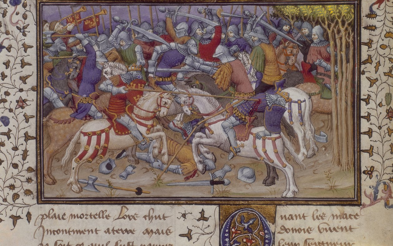 MS Royal 20 B.XX fol.16v Porážka Filipa Pausaniasem, s rytíři na koních v boji, z „La Vraye Histoire du Bon Roy Alixandre“ od Pseudo-Callisthenes, počátek 15. století (vellum) od French School