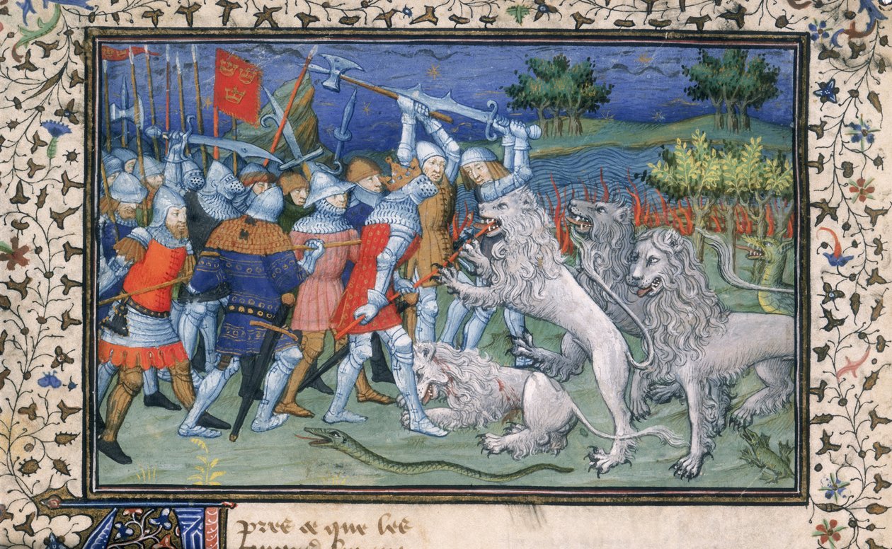 MS Royal 20 B.XX fol.50v Alexandr Veliký (356-323 př.nl) bitvy s bílými lvy, z 