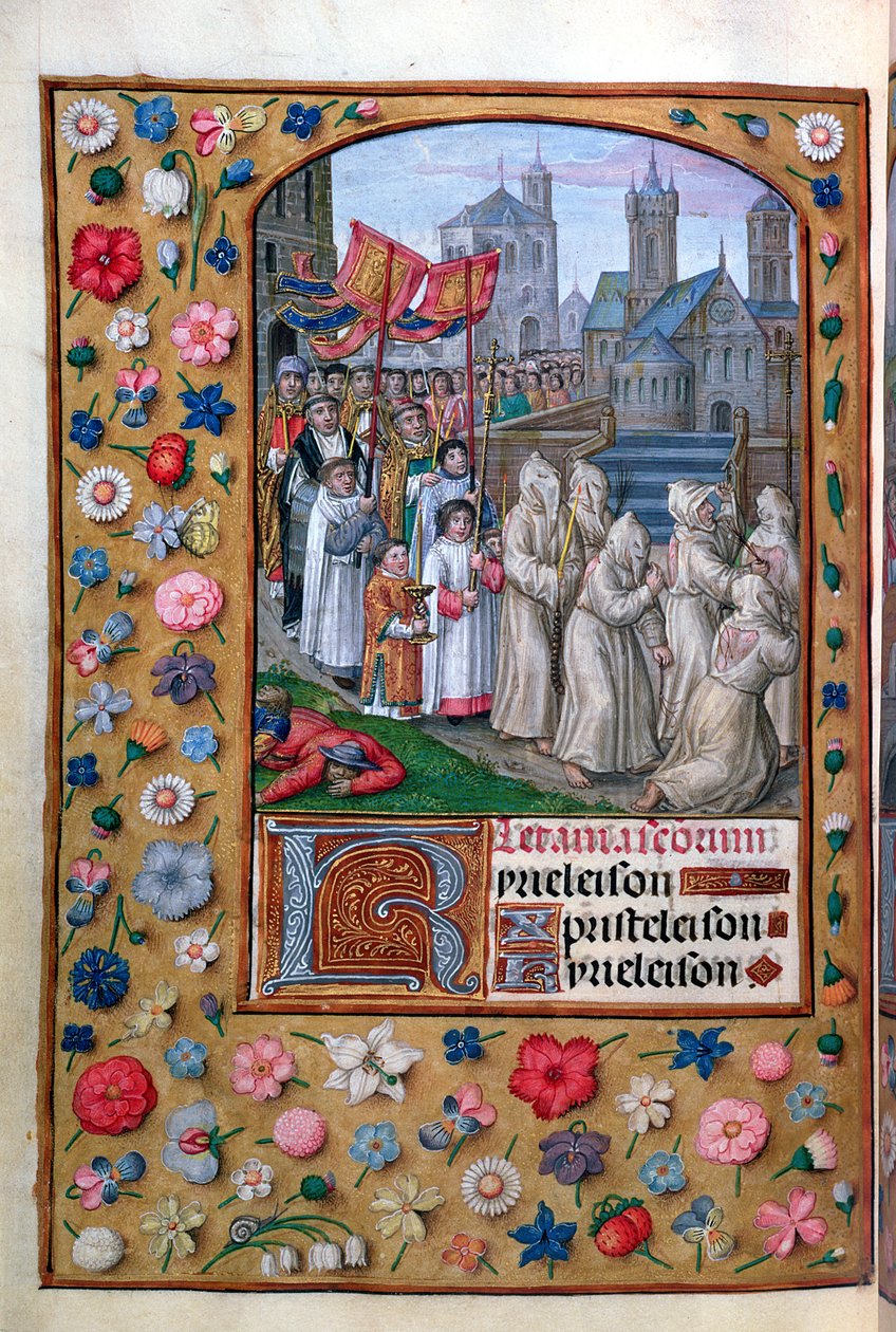 MS sv. 137 f.136v Průvod papeže Řehoře I. (asi 540-604) Římem v roce 590, z litanií Knihy hodin, francouzština, začátek 16. století od French School