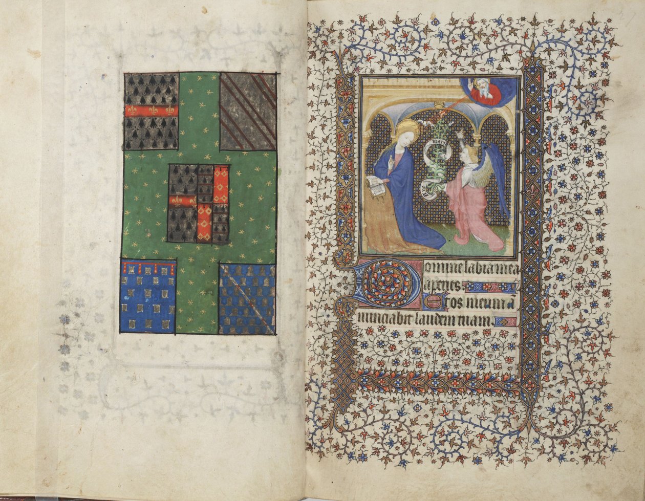 MS Widener 4, ff.26v-27r, Erb a Zvěstování, z Knihy hodin, použití Rennes, cca 1405 (pero, inkoust a tempera na pergamenu) od French School