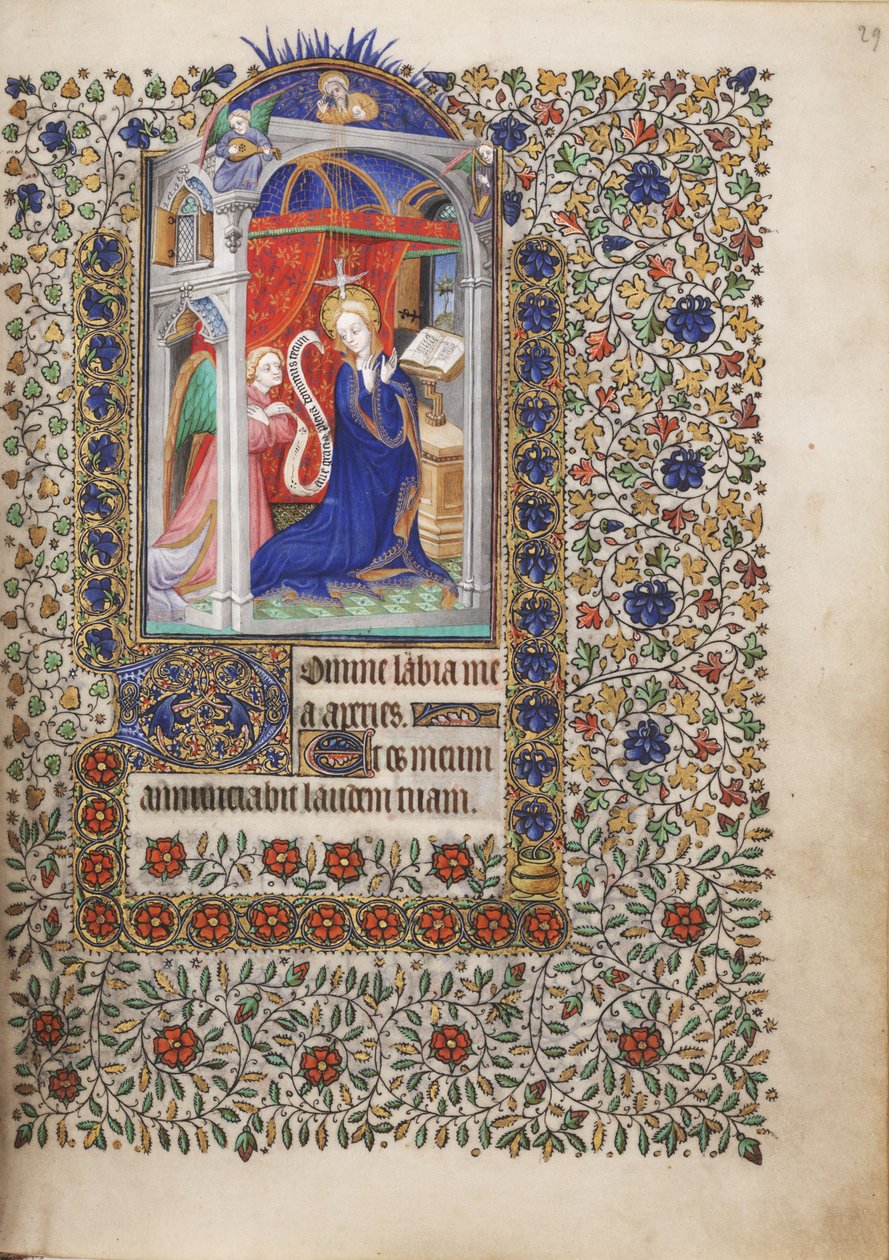 MS Widener 6 f.29r, Zvěstování, z Knihy hodin, použití Paříže od French School