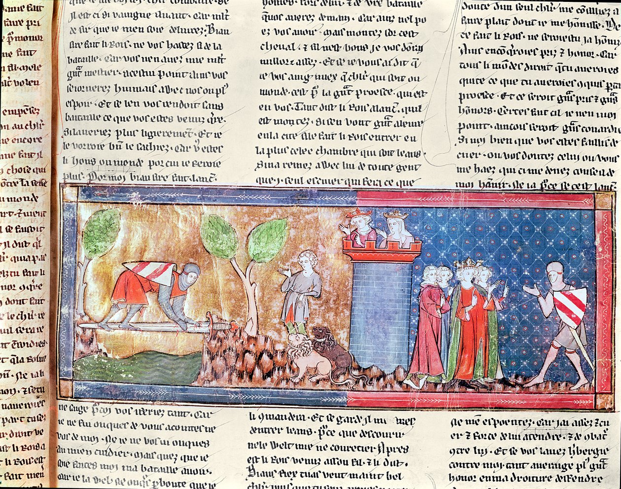 M. 806 f.166 Lancelot dokazuje svou lásku ke Guineveře tím, že překročí řeku přemostěnou ostrým mečem, z Románu o Lancelotovi du Lac, 1344 od French School
