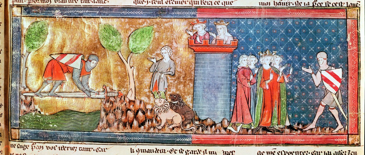 M. 806 f.166 Lancelot dokazuje svou lásku ke Guinevere překročením řeky překlenuté ostrým mečem, od Romana de Lancelot du Lac, 1344 od French School