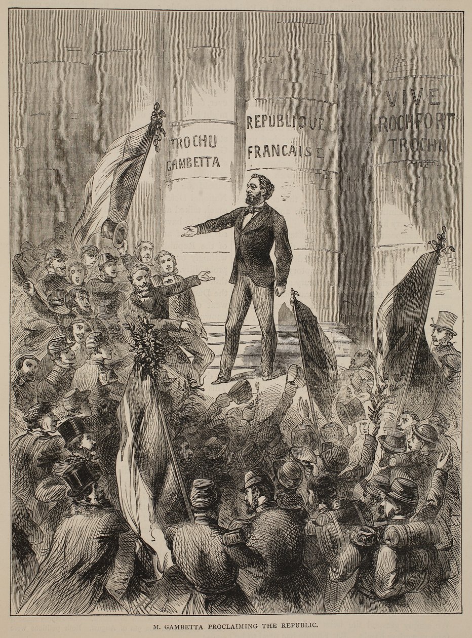 M. Gambetta vyhlašuje republiku, září 1870, ilustrace z Cassellse Historie války mezi Francií a Německem, 1870-1871 od French School