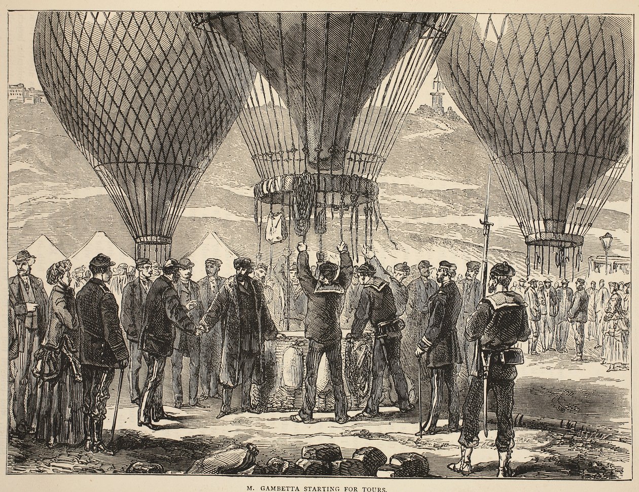 M. Gambetta začíná pro Tours, ilustrace z Cassells Historie války mezi Francií a Německem, 1870-1871 od French School