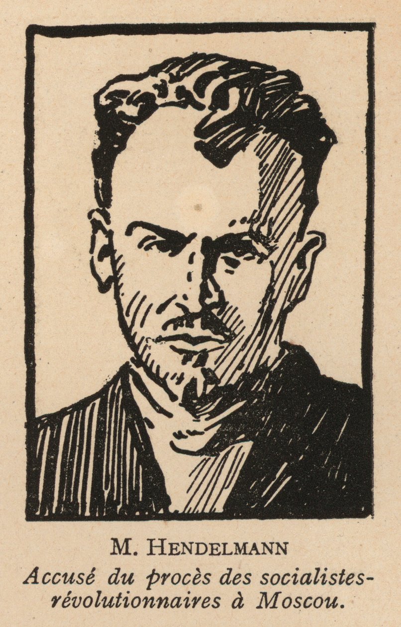 M. I. Gendelman, ruský socialistický revoluční politik, jeden z obžalovaných v moskevském procesu se socialistickými revolucionáři v roce 1922, prvním sovětském ukázkovém procesu (litografie) od French School