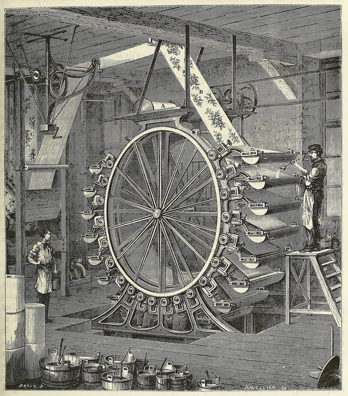 Stroj na tisk tapet až ve dvaceti barvách, hospoda. 1873 rytina, 1873. od French School