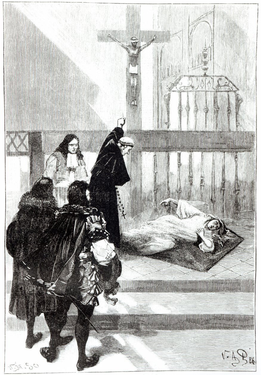 Madame de Sazilles je vymítána v přítomnosti vévody Gastona dOrleans, ilustrace pro posedlého Louduna v Les Mysteres de la Science od Louise Figuiera, 1886 od French School