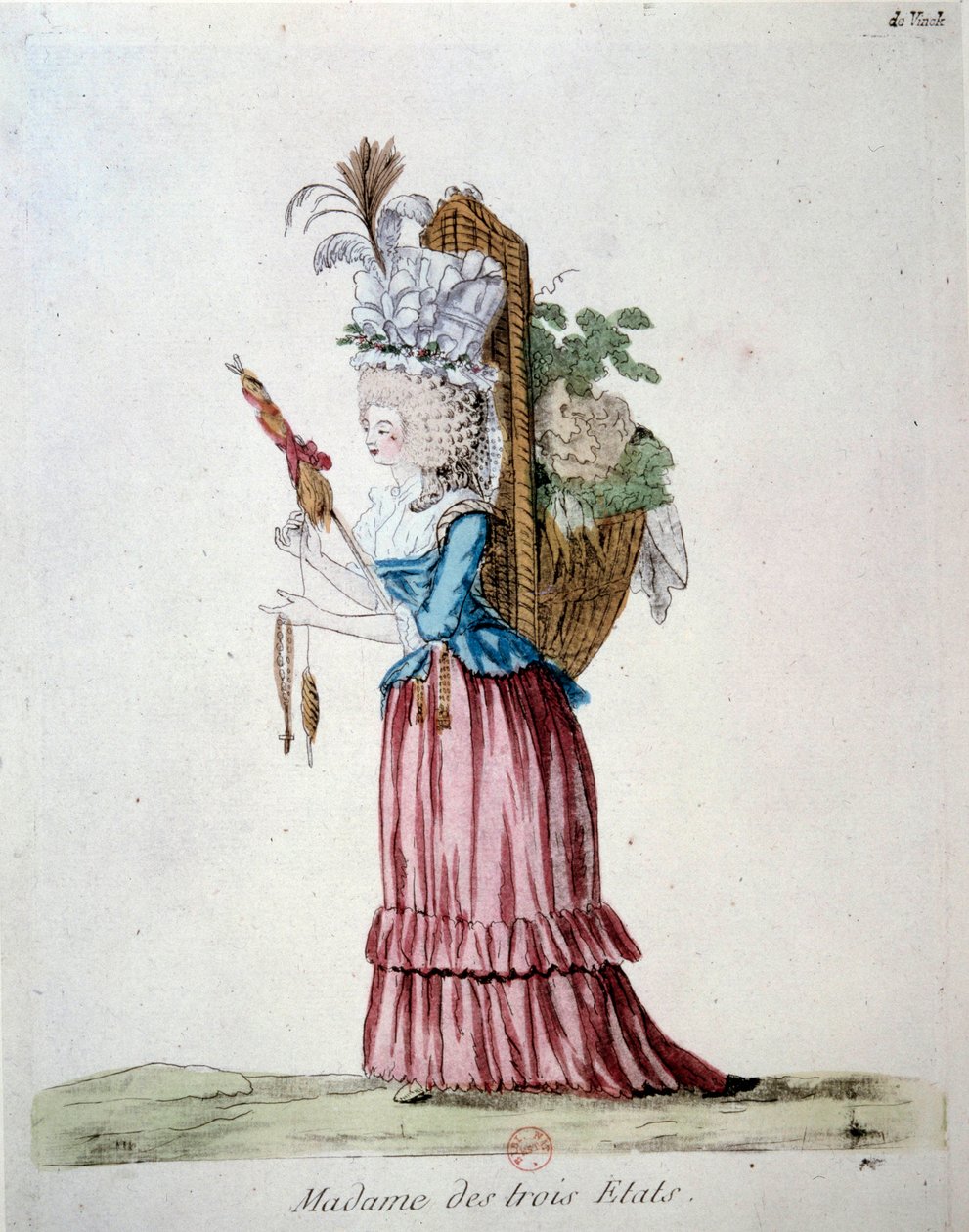 Madame of the Three States Žena oblečená v elegantním oblečení a nesoucí košík ovoce a zeleniny představující tři státy v době francouzské revoluce. Rytina z roku 1789. Knihovna Arsenalu, Paříž od French School