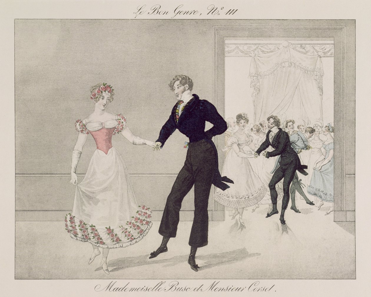 Mademoiselle Busc a Monsieur Corset, deska 111 od le Bon Genre, cca 1810 (barevná rytina) od French School