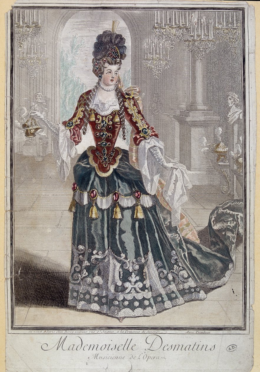 Mademoiselle Desmatins, hudebník (zpěvák) opery - rytina od French School