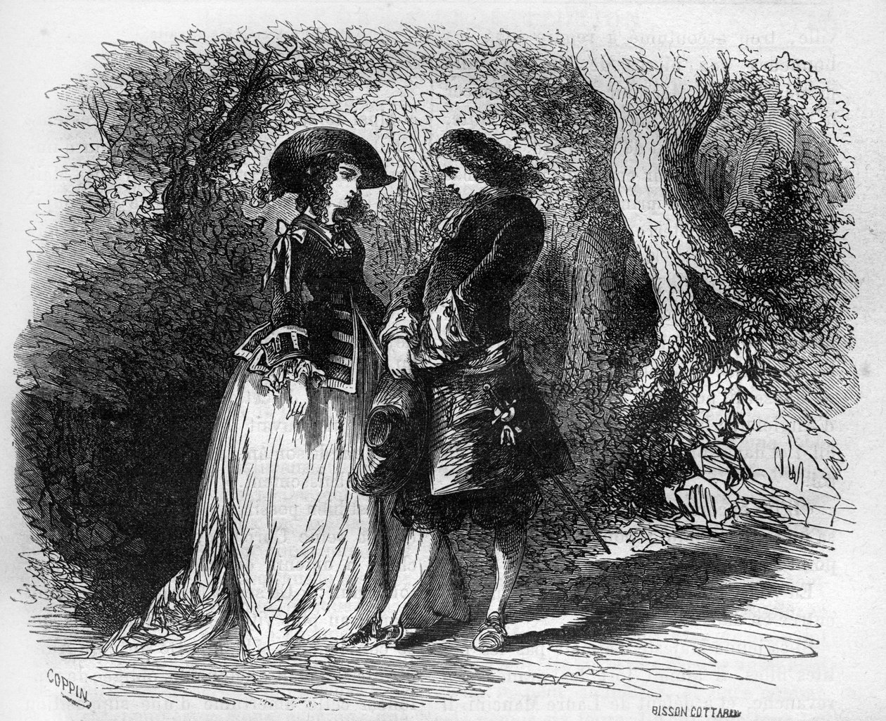 Mademoiselle de Pons se setkala se svým mladým milencem Malicornem kolem roku 1653. Rytina v „Dějinách prostituce a zhýralosti mezi všemi národy světa od starověku až po současnost“ od Dr. Th. -F. Debray. 1879. od French School
