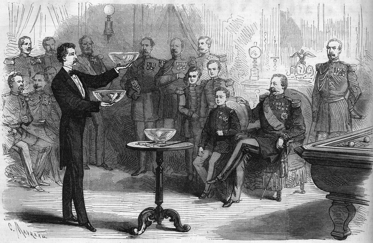 Magická show pana Faure Nicolaye v táboře Chalons za přítomnosti císaře Napoleona III. (1808-1873) a jeho syna prince Imperial (1856-1879) od French School