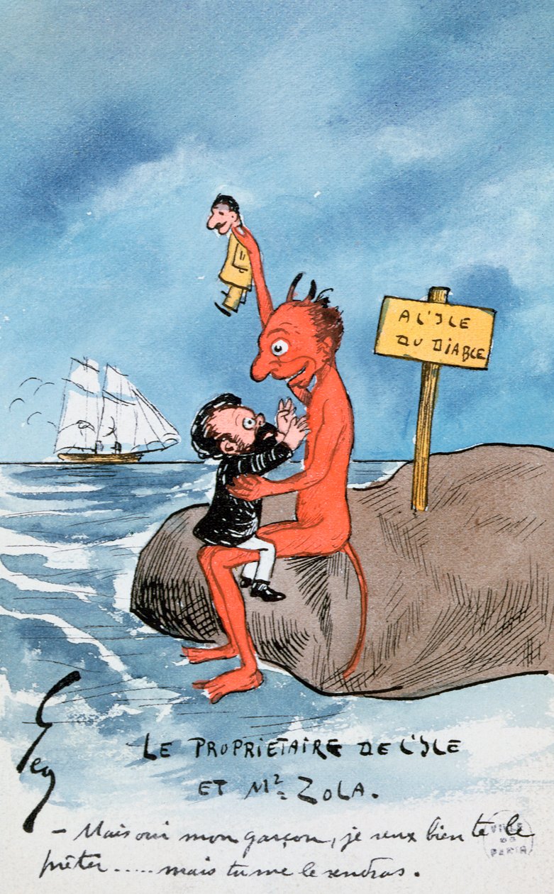 Ale ano, můj chlapče, chci ti to půjčit..., karikatura zobrazující Zolu a ďábla na Devils Island debatující o Dreyfusově aféře (wc na papíře) od French School