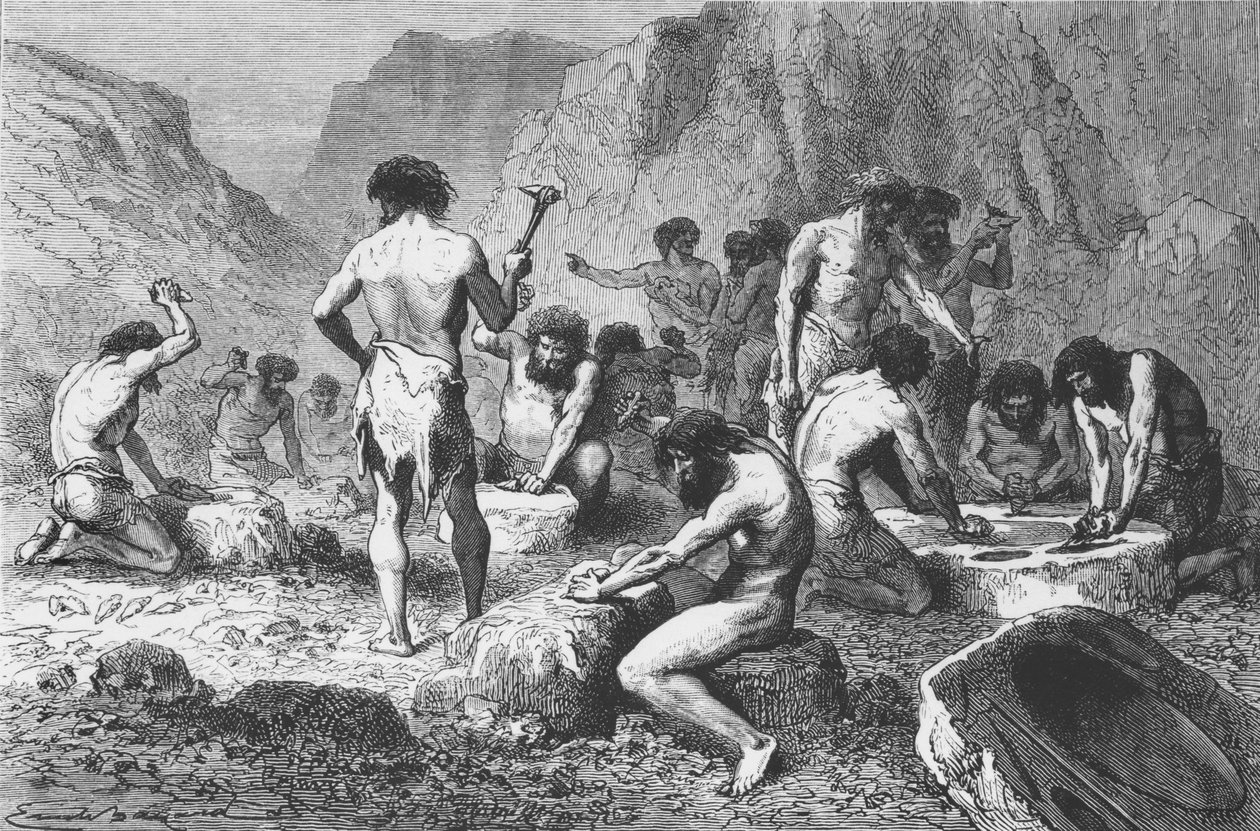 Výroba a leštění silexu v Pressigny, ilustrace z LHomme Primitif od Louise Figuiera, vydal Hachette, 1870 od French School