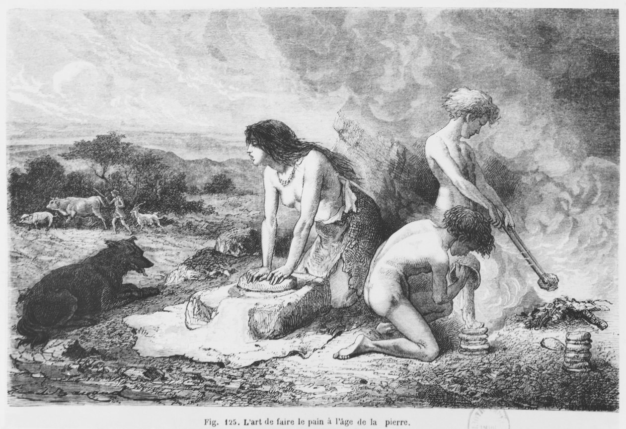 Pečení chleba v době kamenné, ilustrace z LHomme Primitif od Louise Figuiera, vydal Hachette, 1870 od French School
