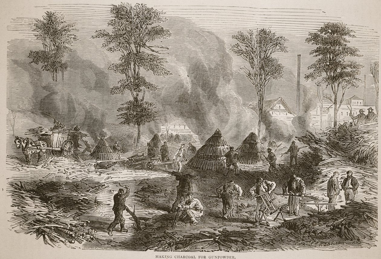 Výroba dřevěného uhlí pro střelný prach, ilustrace z Cassells Historie války mezi Francií a Německem, 1870-1871 od French School