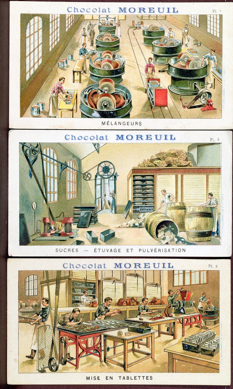 Výroba čokolády, obrazová reklama na čokoládu Moreuil, cca 1900 (viz také 289139) od French School