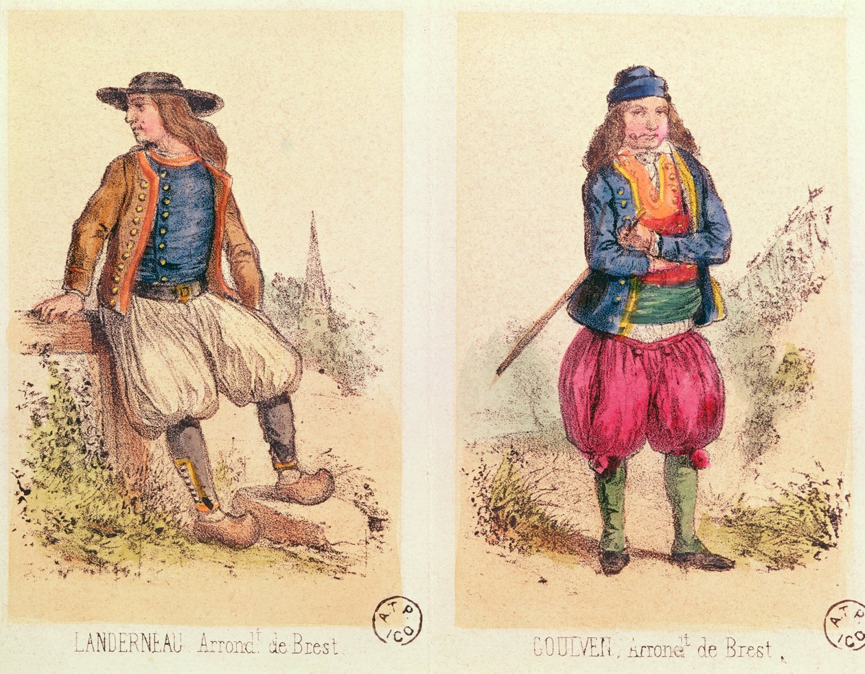 Mužské kostýmy od Landerneaua a Goulvena, z knihy Les Costumes Bretons de Sorrieu od French School