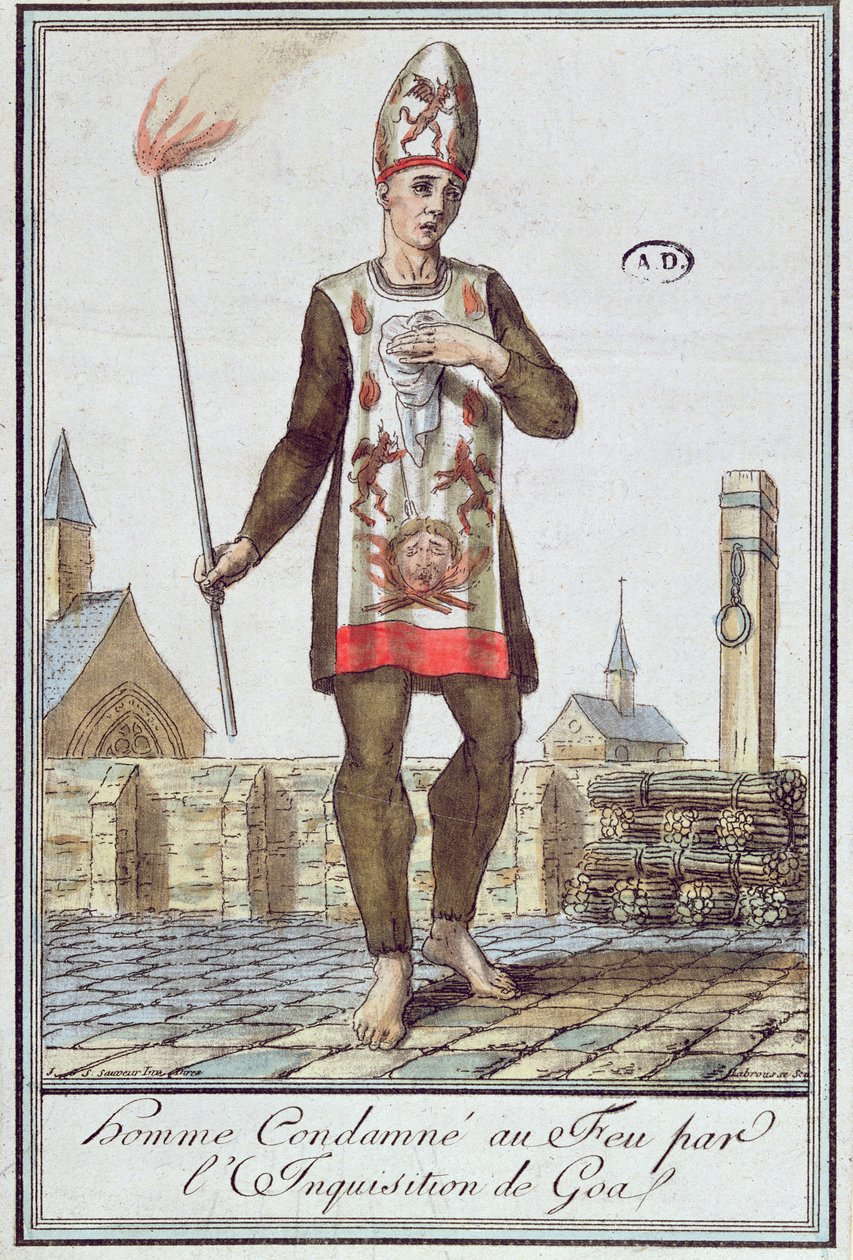 Muž odsouzený inkvizicí v Goa k upálení na hranici, konec 18. století (barevná rytina) od French School
