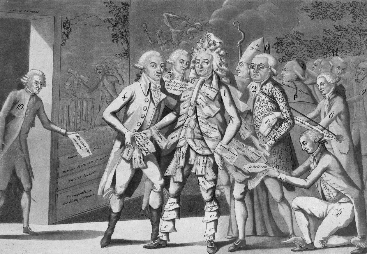 Muž v přidělencích:... skupina zástupců hledajících Brissotera“ (Jacques Pierre Brissot de Warville 1754-1793) Anonym. Tisk. 1791 od French School