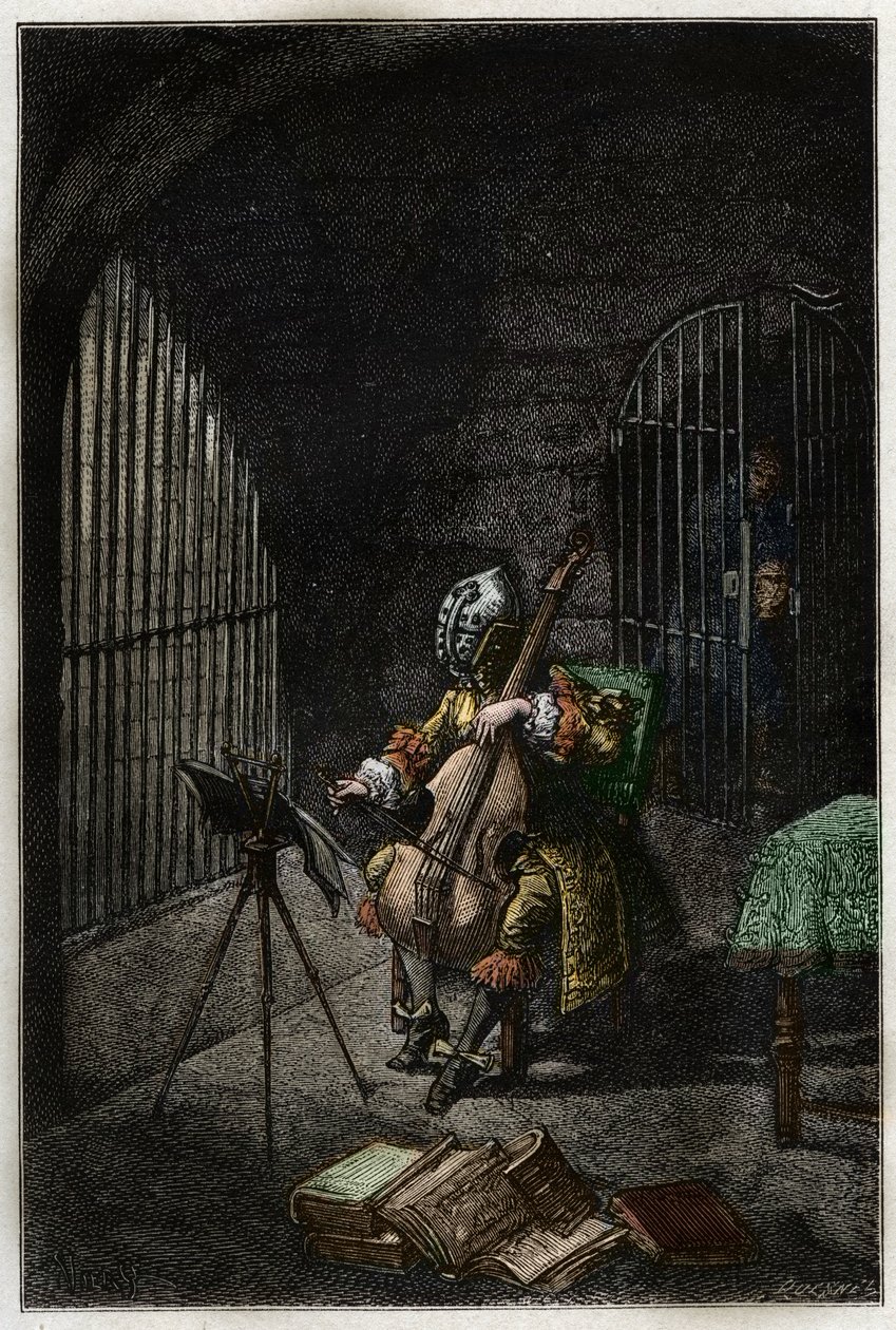 Muž se železnou maskou, hrající na violoncello ve vězení - L