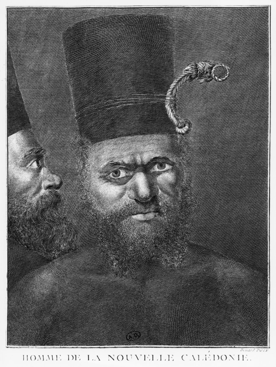 Muž z Nové Kaledonie, ilustrace z Druhé plavby kapitána Jamese Cooka, vyrytý Benardem (18. století) 1774 od French School