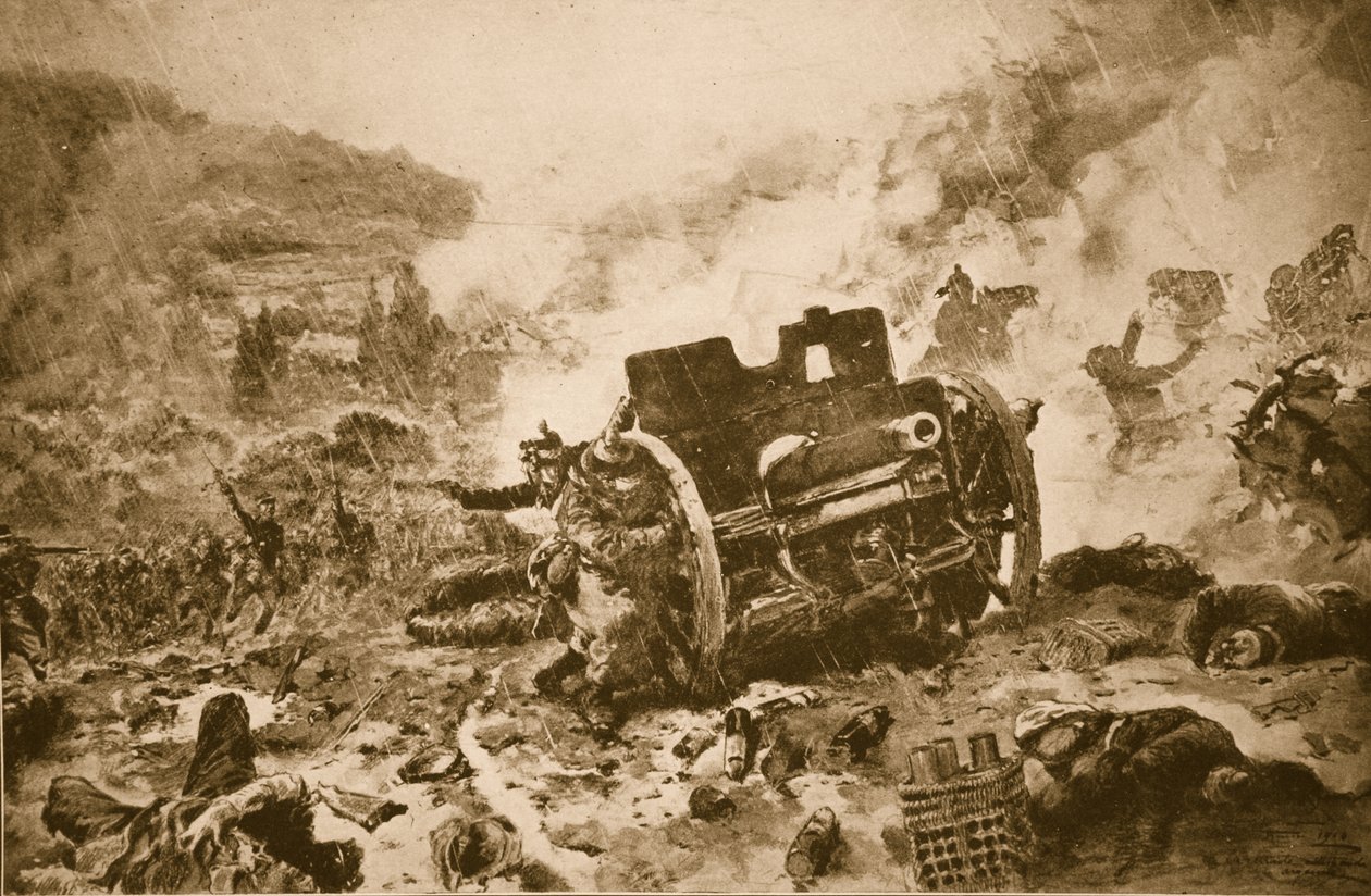 Konečně muž muži! Francouzská pěchota pronásleduje letící německou baterii v deštěm zmáčeném údolí Argonny, 1914-19 od French School