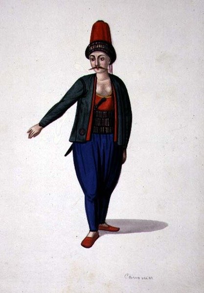 Muž s dýkou, osmanské období, třetí čtvrtina 18. století (akvarel na papíře) od French School