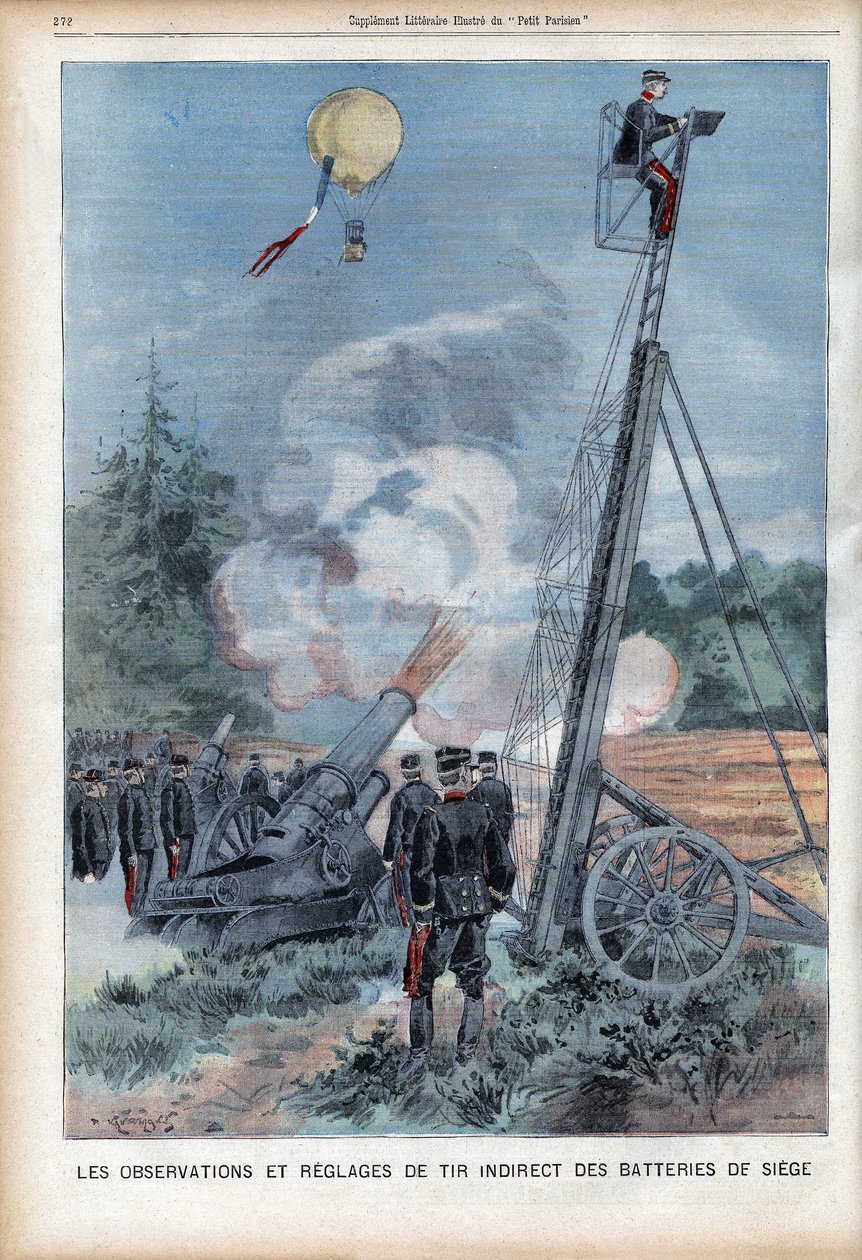 Manévr a pozorování francouzské Armee v Langres s žebříkem Gugumus k testování střelby ze zbraní, v „Le Petit Parisien“, dne 26.08.1906 (rytina) od French School