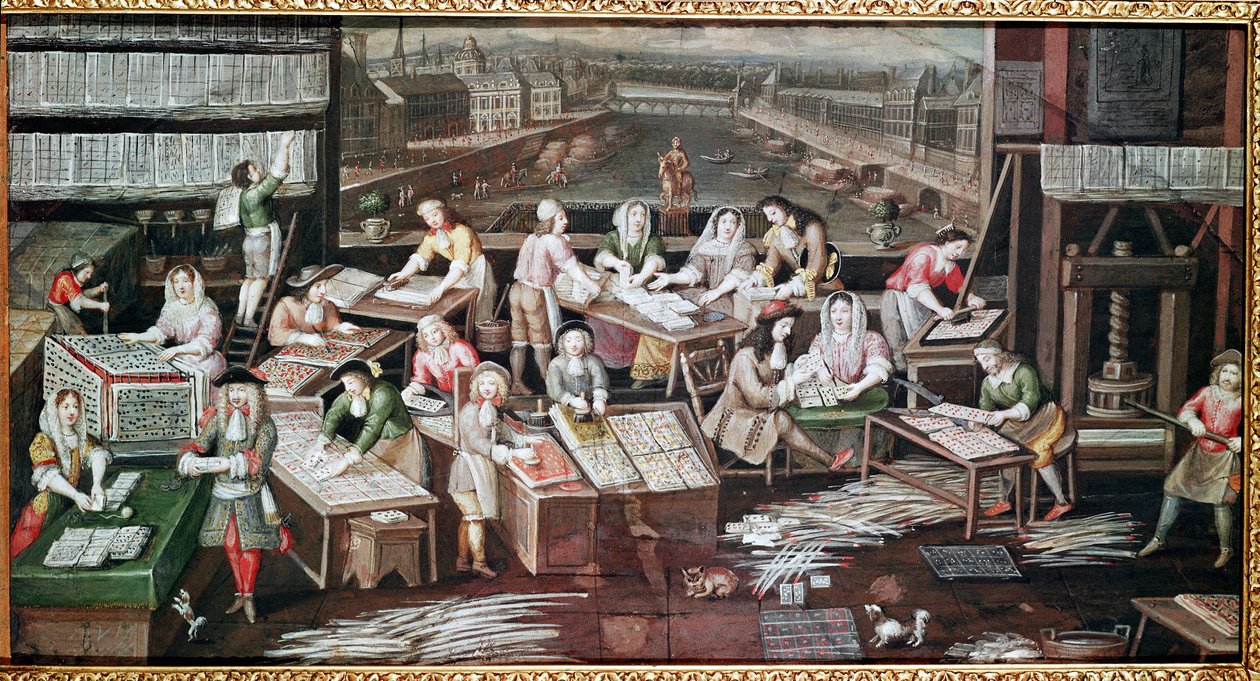 Výroba hracích karet v domě na náměstí Dauphine (design pro fanouška, kvaš na papíře, cca 1680) od French School